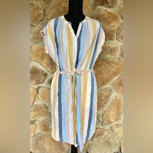 Time And Tru NWT Dress Linen Blend Striped Drawstring Waist Pockets Size Medium